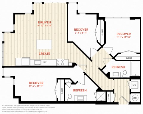 Floor plan for 3 beds, 2 baths, 1289 sqft